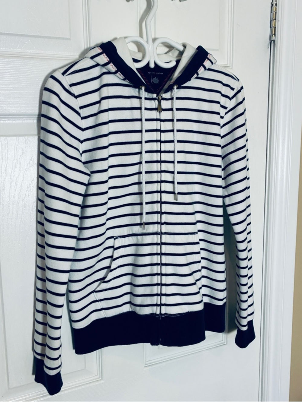 Tommy Hilfiger Striped Zip-Up Hoodie Navy White Logo Women’s Medium